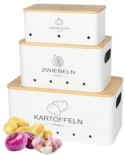 Avmvnvc Kartoffel Aufbewahrungsbox - 3er Set Kartoffel Zwiebel Knoblauch Aufbewahrung - Zwiebeltopf Kartoffelbox Knoblauchtopf - Hält Gemüse Länger Frisch (Beige, Rechteckig)