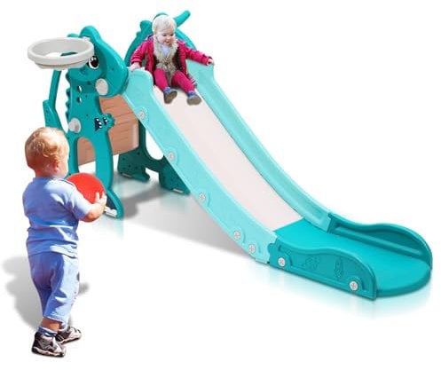 Jayseuw Rutsche, 4-in-1 Kinderrutsche Faltbar, Kinder Fun-Slide mit Basketballkorb, Rutsche Indoor ab 1 Jahr, Kinder Rutsche Indoor und Outdoor,Baby Rutsche -Grün