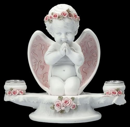 Figuren Shop GmbH Kerzenhalter Engel weiß - Putte mit rosa Rosen 16 cm | Cherubim Putte Deko Liebe