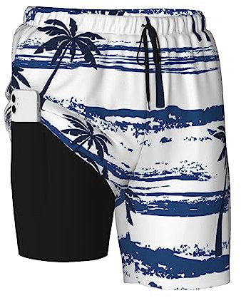 PAQGSREM Costume da bagno da uomo con foglie di palma tropicali luminose con fodera a compressione, ad asciugatura rapida, pantaloncini da spiaggia, Mare e Palme, S