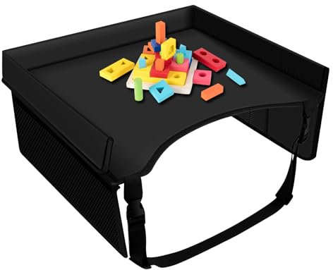 Kids Travel Tray, Car Seat Tray Table, Foldable Kid Car Tray with Adjustable Shoulder Strap and Pocket, Car Lap Tray for Toddler Car Seat, Travel Activity Tray for Kids Travel Airplane Outdoor(Black)