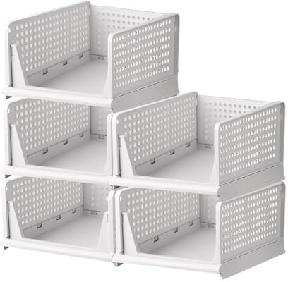 ELPHECO Stackable Plastic Storage Basket - Foldable Closet Organizers and Storage Box Bins Drawer Shelf Storage Container for Cupboard Wardrobe Kitchen Bathroom Office (5 * 5L) (White, Large)
