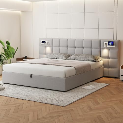Dolamaní Polsterbett Doppelbett 180x200 cm mit Stauraum Bettkasten, Hydraulikbett mit Lattenrost und Extra groß Funktions Polster Kopfteil für Erwachsene & Jugendliche, Linen (Grau)