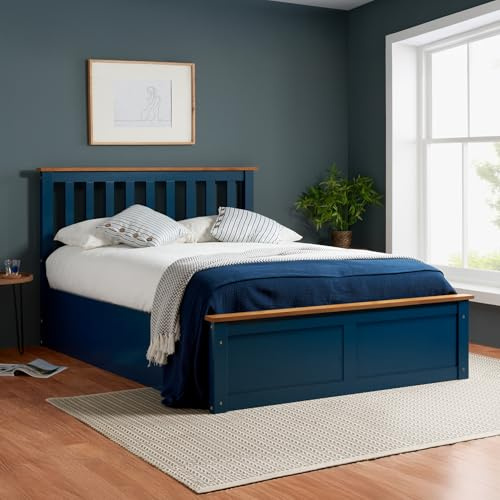 happybeds Phoenix Navy Blue Wooden Ottoman Bed, 3ft Single, Frame Only | 3ft Single, Wooden Ottoman Storage Bed, Slatted Headboard, Gas-Lift Storage, Frame Only, Navy Blue, Sprung Slatted Base