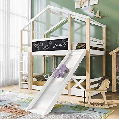 ANIROY Kinderbett Baumhaus mit Rutsche & Leiter, Hochbett für Kinder, 2X Lattenrost, 90 x 200cm (Weiß A)