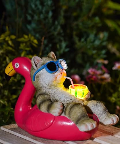 Yeomoo Katzen auf Flamingo-Schwimmring Liegend Figuren Solar Deko für Wohnzimmer Gartendeko - Lustige Katzenfiguren Katze Geschenke für Männer Frauen Mama Katzenliebhaber Deko für Zimmer Garten Blakon
