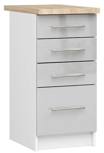 AKORD | Küchenschrank mit Arbeitsplatte - Oliwia S40 | Küchenunterschrank mit 4 Schubladen | Unterschrank Küche 40 cm Breit | ABS-Kante 18 mm | 46 x 40 x 85 cm | Weiß & Metallic-Glanz