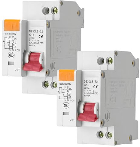 GAOUTO Lot de 2 disjoncteurs Fi 16 A, AC 230 V 30 mA C16 1P+N Disjoncteur FI/LS Disjoncteur automatique, rail chapeau, protection contre les surcharges, disjoncteur différentiel