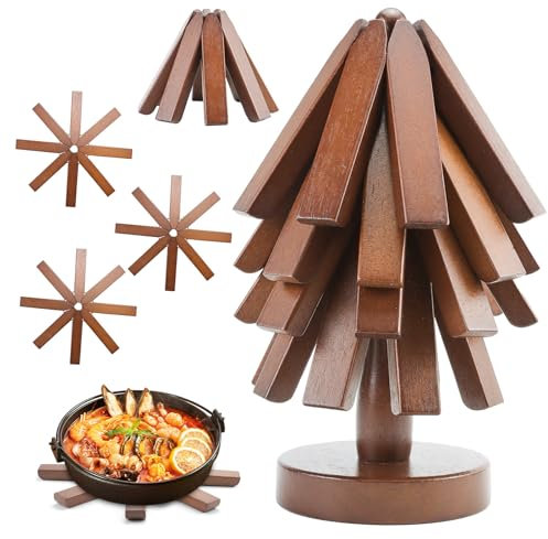 Hölzerne Untersetzer für heiße Speisen, Baumform Untersetzer Set, 4er-Set Faltbare Hölzerne Untersetzer für heiße Speisen/Topf/Schüssel/Pfannen/Teekannen/Fondue (Braun)