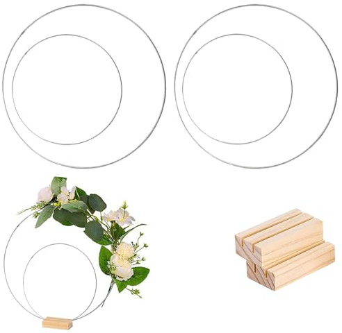 JK Home 4pcs 10cm+20cm Silver Metal Floral Hoop Centerpiece + Wooden Stand | al Hoop Wreath With 2pcs Stand Hoop Centerpiece, Hoop Wreath Metal Wreath Ring For Diy Wedding Crafts Party Ta