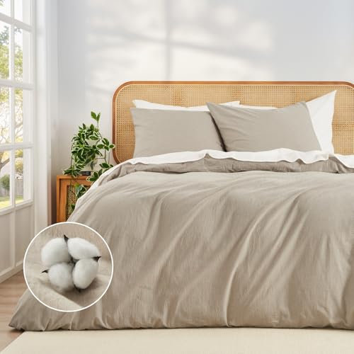 Duvetnova Bettwäsche 200x200 Beige Baumwolle 3 teilig Superweiche 100% Vorgewaschene Baumwolle mit Leinenstruktur ÖKO-TEX 2x2m Bettwäsche 1 Bettbezug 200x200+2 Kissenbezüge 80x80 mit Reißverschluss