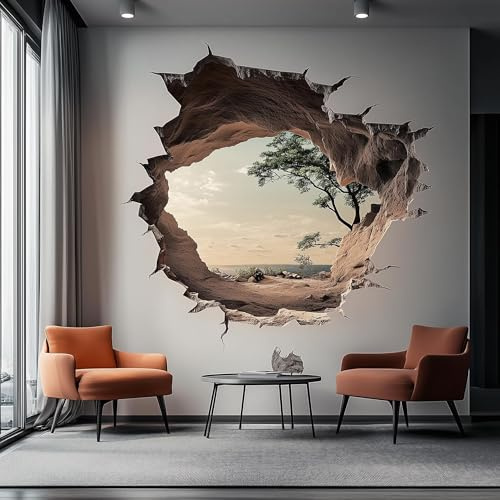 3D-Wandaufkleber mit Rissbildung, realistische Naturansicht | Optische Täuschung Vinyl-Wandbild | großer Abziehstab, Landschaftsdekoration, moderne Wandkunst