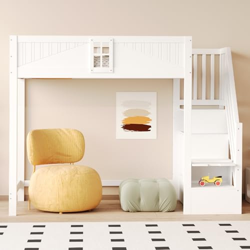 Trdlpyn Letto a Soppalco 90 x 200 cm, Scaletta di Sicurezza Laterale Sinistra e Destra Intercambiabile, Struttura Letto Singolo in Legno Massello per Bambini e Adolescenti(Senza Materasso)