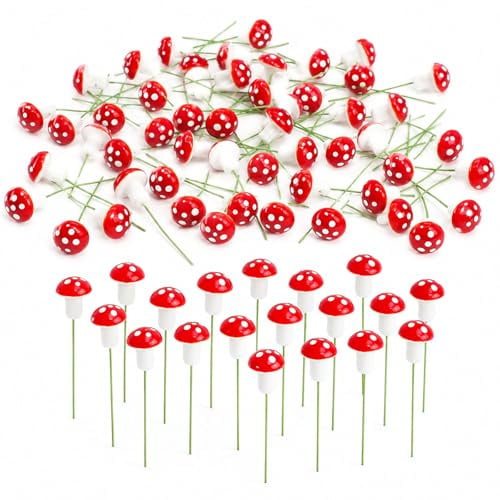 Fesnova Rot Pilze Deko, 50 Stück Mini Fliegenpilzes, Fliegenpilz Accessoires, Deko Fliegenpilze am Drath, für DIY Potting Deko, Herbstdeko, Micro Landschaft, Miniaturlandschaften und Potting Pflanzen