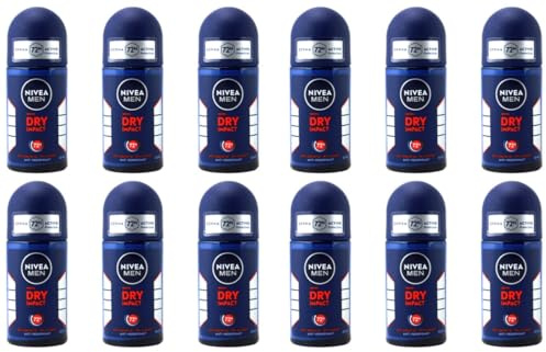 12x NIVEA MEN Dry Impact Deo Roll-On Deodorant 3-Fach Schutz:mit Frische,Deo-Schutz und Pflege Antitranspirant,72h schutz ohne Alkohol,50ml (12er Pack)