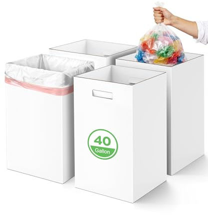 4 Pack Corrugated Cardboard Disposable Trash Cans for Parties, 40 Gallon Collapsible Garbage Cans with Handle, Thick Foldable Bins for Party Events Camping Beach(18.1 L x 18.1 W x 35.7 H), White