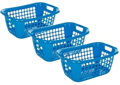 3 Stück 32 L Wäschekorb Wäschekörbe Plastik Kunststoff Korb Griffen Blau Silber (Blau)