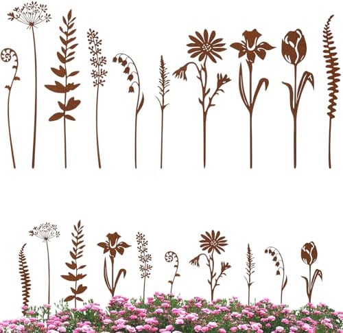 Sweetone 10 picchetti rustici da giardino, effetto ruggine, decorazione primaverile per giardino, prato, terrazza, balcone e vasi di fiori
