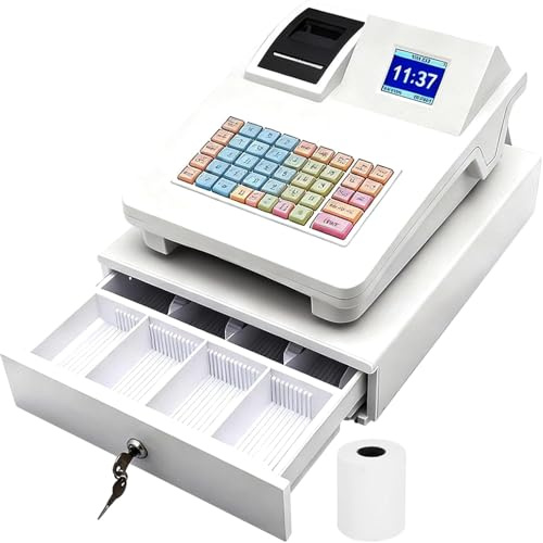 Elektronische Kasse, Registrierkasse Supermarkt Einzelhandelskasse Kassensystem Mit Led Restaurant Kasse 48 Tasten Für Kleine Inkl Kassenschublade für Restaurants Supermärkte Convenience Stores White