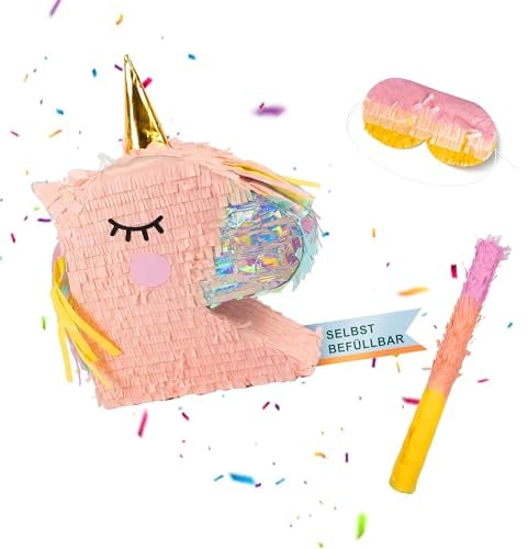 Relaxdays Pinata Einhorn, mit Stab & Maske, Partypinata Kinder, bunt | Geburtstag, zum Befüllen, HxBxT: 49,5 x 43 x 10 cm