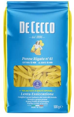De Cecco Penne Rigate No. 41 Pasta, 500g - Premium, Bronze Cut, Slow Dried Italian Durum Wheat Pasta