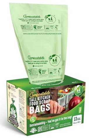 UNNI ASTM D6400 Lot de 50 Sacs Poubelle 100% compostables, 49,2 litres, très résistants 0,85 mils, certifiés BPI US et Europe OK Compost Home