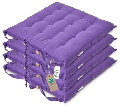 HOMESCAPES Purple Seat Pads for Dining Chair, Set of 4 100% Cotton Chair Pads with Straps, 40x40 cm