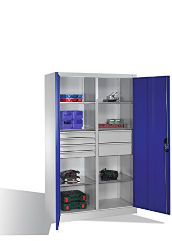 Werkzeugschrank mit Drehtüren, 6 Böden, 6 Schübe, H1950xB1200xT500mm
