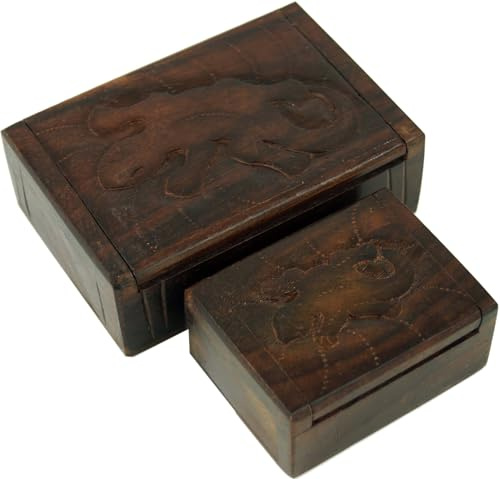 GURU SHOP Beschnitzte Holzdose, Schatztruhe, Schmuck Schatulle - Gecko, Size:groß (3x11x7 cm)