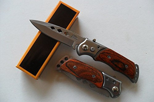 CP-PC-027 - Petit Couteau Automatique Lame Acier 7 Cm Manche Bois 9 Cm Chasse Pêche Bivouac