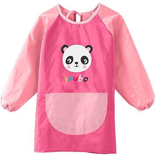 Uposao 9-12 Jahre Malschürze Kinder, Wasserdicht Kinder Malkittel mit Langen Ärmeln & Taschen,Bastelschürze Kinder Malerei Schürzen für Schule Kunst Malerei,Kochen für Jungen und Mädchen,Panda Rosa