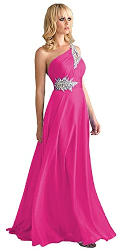 WTWVIAN Abito da sera da donna monospalla in chiffon, lunghezza fino al pavimento, con paillettes e perline, abito da damigella d'onore e da matrimonio, Fucsia, 48