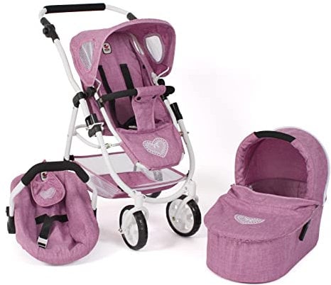 Bayer Chic 2000 - Puppenwagen Emotion All In, 3in1 Puppenwagen-Set bestehend aus Babywanne, Sportsitz und Autositz, Jeans pink