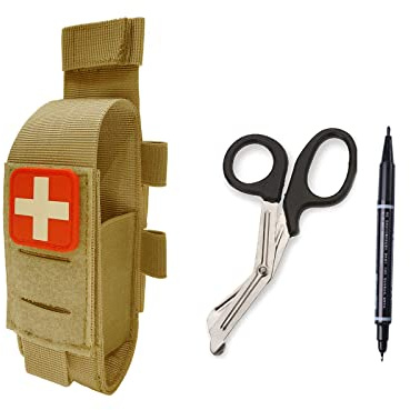 Tactical Tourniquet Pouch Holder TQ Tourniquet Case Trauma Medical Shear Pouch with Shears and Pen(TAN Set)