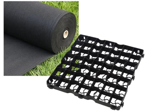 FXDM MEMBRANE INCLUDED - Gravel/Grass Grid Paver Path Base Mat FOR Greenhouse Deck Turf Lawn Shed Garden , Black, 40 Grids = 8m²