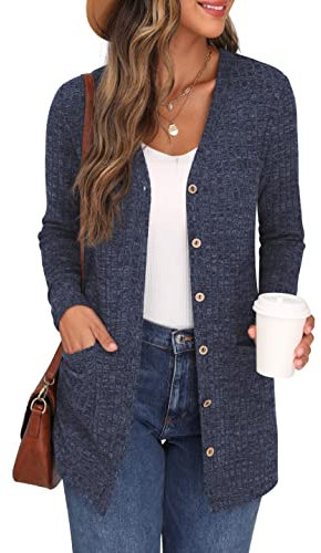 GRECERELLE Womens Cardigan Long Sleeve Open Front Cardigans Button Down V Neck Ribbed Knit Lightweight Outerwear with Pocket (Navy Blue, L)