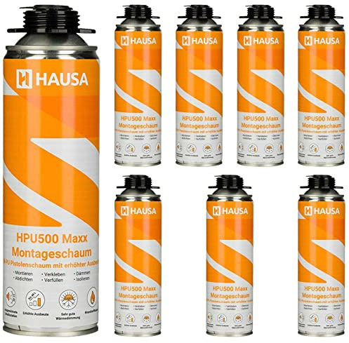 HAUSA Montageschaum HPU500 Maxx 8x 500ml grau B2 Pistolenschaum zum Verfüllen, Dämmen & Abdichten, extrem hohe Ausbeute, ausgezeichnete Dämm- & Isoliereigenschaften, Bauschaum für Schaumpistolen