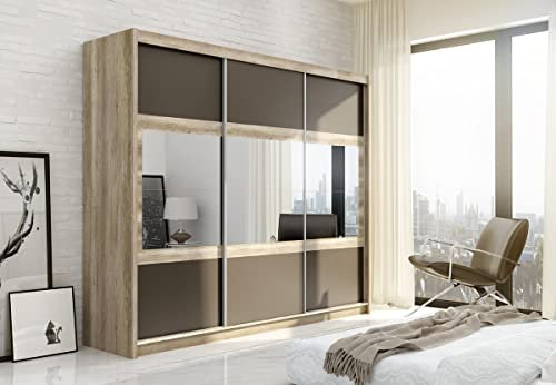 Kleiderschrank Salwador mit Spiegel 250 cm, Schwebetürenschrank, Garderobeschrank Schlafzimmer; Wohnzimmerschrank; Korpus Schrank Farbe: Eiche-Canyon; Farbe der Schrankfront: Lava; Mehrzweckschrank