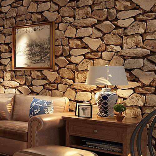 Takezuaa Papier peint 3D pierre papier peint stéréo imitation texture papier peint non tissé décoration rétro chambre TV mur salon papier peint -53 cm (l) x 9,5 m (L), marron clair