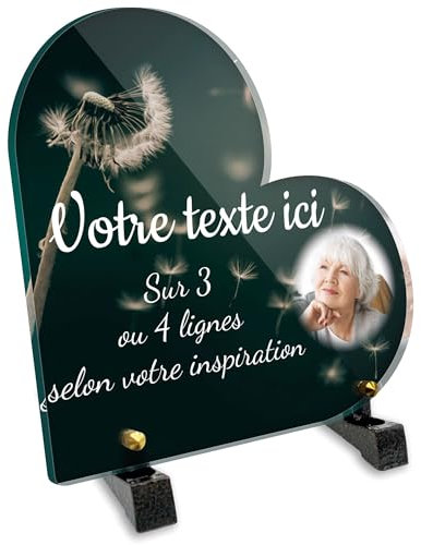 Placa funeraria Corazón con foto personalizable en plexi patrón de diente de león, diferentes tamaños, grosor 6 mm, personalizado en varias líneas 15x15 cm