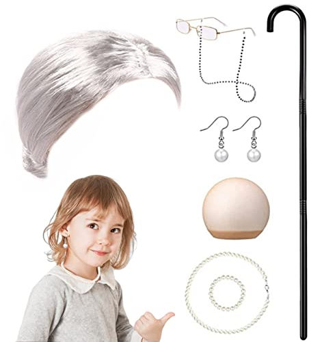 8-teiliges Alte-Dame-Kostü -Set, Oma-Kostü zum 100. Schultag, inklusive Perücke, Brille, Brillenkette, Halskette, Armband, Ohrring, hautfarbenem Haarnetz, Krüc, für Frauen und Mädchen