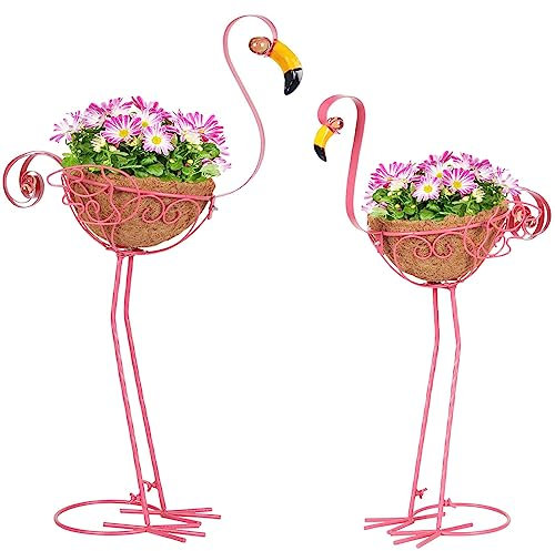 Kikth Juego de 2 macetas de Flamenco de Metal Rosa con Cesta para decoración de jardín Interior y Exterior