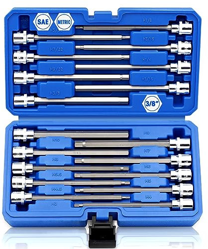 RIZOM 18-Piece 3/8 Inch Drive Extra Long Allen Hex Bit Socket Set, SAE & Metric (1/8-3/8 in., 3-10 mm), CR-V and S2 Steel