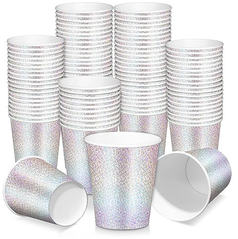 Tanlade 50 bicchieri di carta iridescenti, 255 ml, olografici, argentati, bicchieri usa e getta glitterati arcobaleno per bevande calde e fredde, Halloween, Natale, compleanno, addio al nubilato