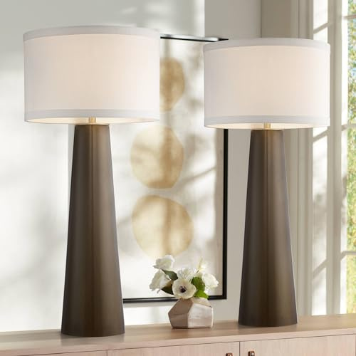 Possini Euro Design Karen 36 Tall Large Mid Century Modern End Table Lamps Set of 2 Dark Gold Glass Living Room Bedroom Bedside Nightstand House Office Home Reading Kitchen Fabric Off-White Shade