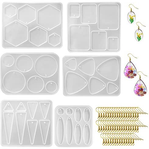 Moule en silicone pour boucle d'oreille en résine 6pcs avec crochets d'oreille en or 50pcs, moule en résine époxy avec trous, bijoux de boucle d'oreille faits à la main pour bracelets, pendentifs