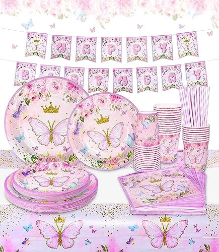 102 Stück Schmetterling Partygeschirr Set,Geburtstagsdeko Party Geschirr Set mit Banner Teller Becher Servietten Besteck und Tischdecke Strohhalme,für Geburtstag Mädchen Mottoparty 20 Gäste, Rosa