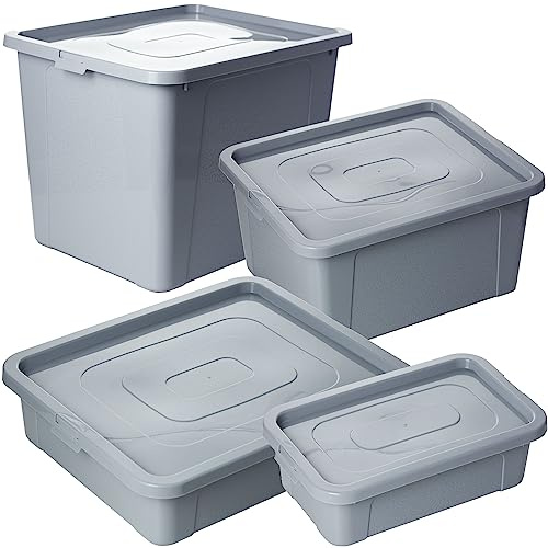 EDANTI 4x Aufbewahrungsbox Kunststoffbehälter MultiBox mit Deckel 4.5L, 10L, 20L, 30L (Grau)