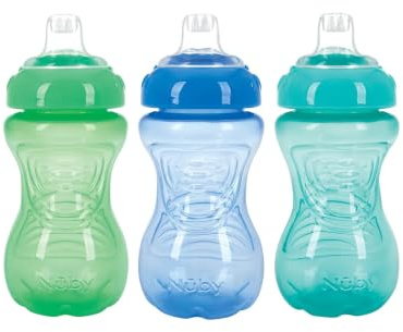 Nuby 3 Pack No Spill Toddler Sippy Cups - Toddler Cups Spill Proof with Easy and Firm Grip - Blue, Aqua, Green