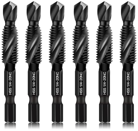 6-Piece 1/4-20NC Combination Drill Tap Bit Set SAE, Made of High-Speed Steel with Anti-Rust Blackened Coating, Ideal for Soft Metal, Wood & Plastic, 1/4” UNC-20 Thread Size, 1/4” Hex Shank